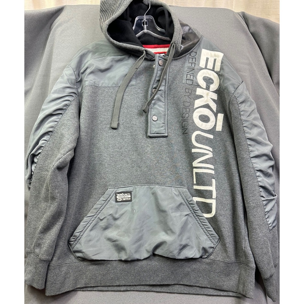 Ecko Unltd Mens XL Gray Rawthentic Mixed Media Quarter Zip Hoodie Sweatshirt